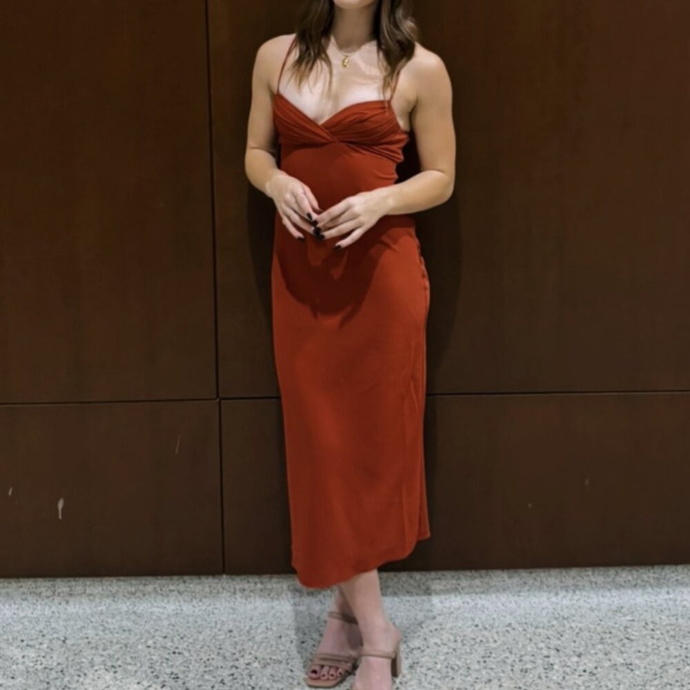 Rusted Orange Pleated Bust Sleeveless Midi Dress